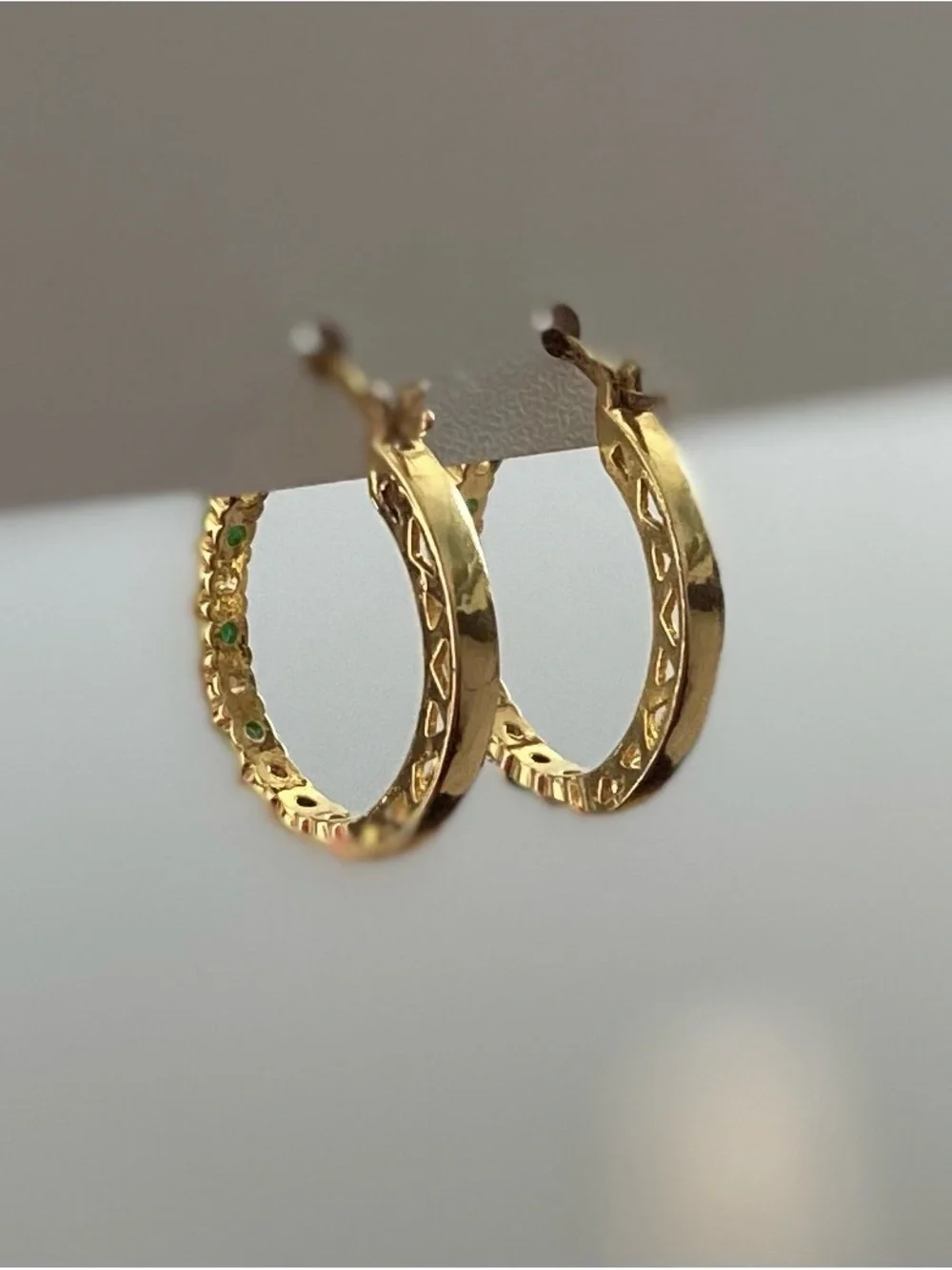 Emerald Green and White CZs in Gold Tone Hoop Earrings